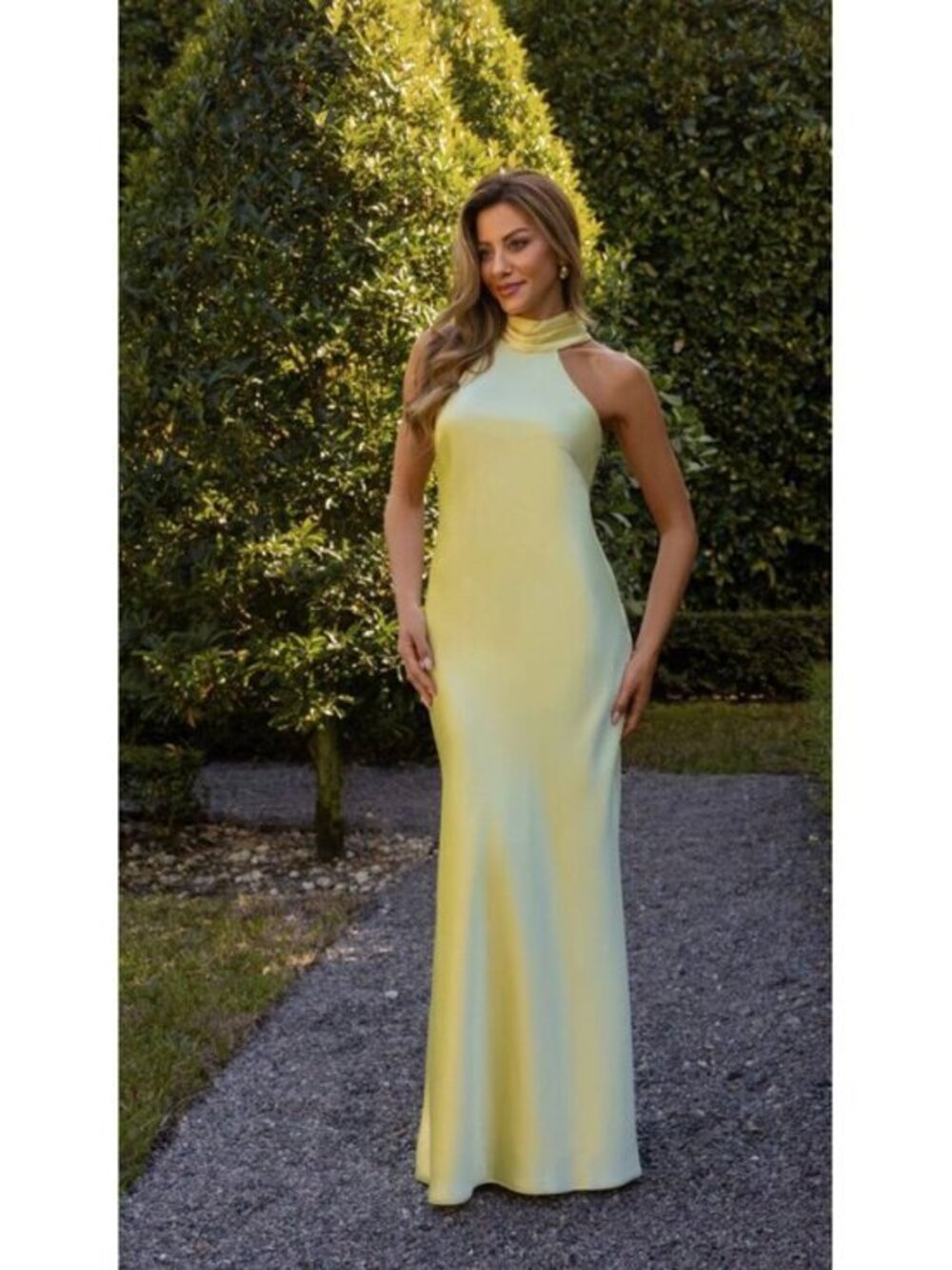 XSCAPE "Ruth" Satin High Tie Neck Backless Floor Length Dress in Yellow Size 4